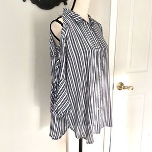 Cold Shoulder Blue White Stripe Button Down Lace Up Bell Sleeve Top Small